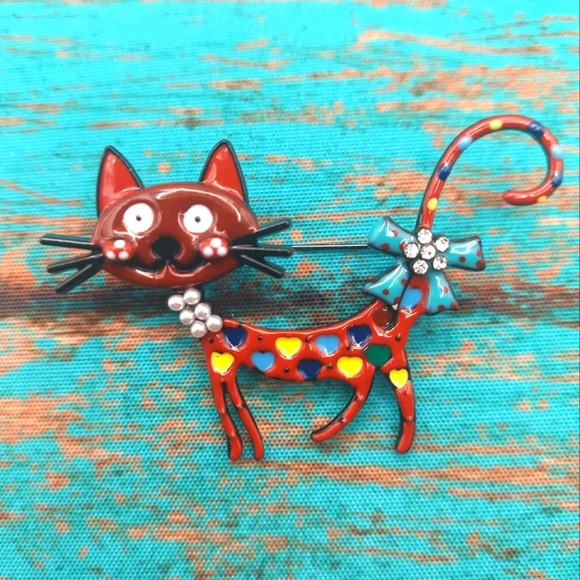New Colorful Rhinestone Faux Pearl Embellished Enamel Cat Brooch - Picture 1 of 2